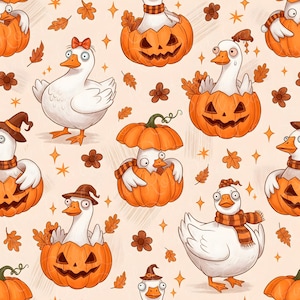 Trendy Funny Halloween Goose Neutral seamless surface pattern digital repeating Trick or Treat silly geese costumes surface digital design