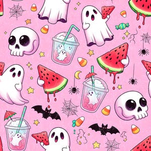 May include: A repeating pattern on a pink background featuring cartoon ghosts, skulls, bats, spiders, watermelon slices, candy corn, and drinks with ghost-shaped ice. The design has a Halloween theme with a cute and playful aesthetic.