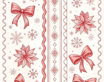 Peut inclure: Un motif répétitif sur fond blanc présentant des illustrations à l'encre rouge de nœuds, de flocons de neige et de fleurs de poinsettia. Le design est organisé en colonnes verticales séparées par des lignes ondulées et une bande centrale de losanges.