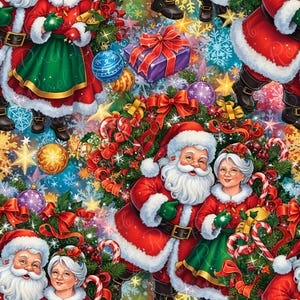 Op de afbeelding: Een feestelijk kerstpatroon met de kerstman en mevrouw Claus in hun traditionele rode en groene kleding. Het ontwerp bevat kerstbomen, ornamenten, zuurstokken en ingepakte cadeaus, tegen een achtergrond van sneeuwvlokken en sterren.