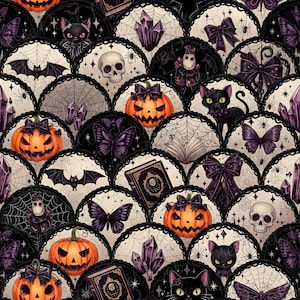 May include: A repeating pattern featuring Halloween-themed illustrations. The design includes orange jack-o'-lanterns, black cats, purple butterflies, skulls, and crystal formations. The artwork is set against a cream-colored background with black lace trim.