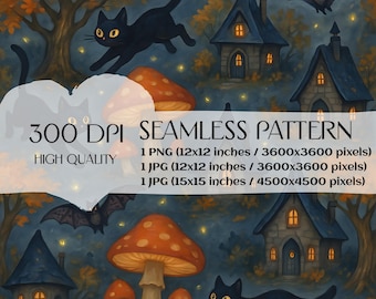 Halloween Black Cats Seamless Pattern, Haunted House (Digital File)