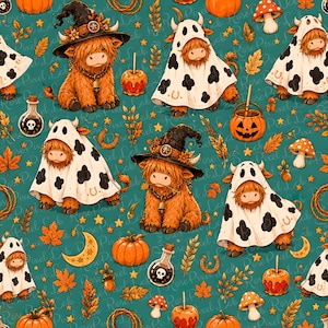 Puede incluir: Un patrón continuo sobre fondo verde azulado con ilustraciones de vacas highland esponjosas con sombreros de bruja o disfraces de fantasma, intercaladas con calabazas, manzanas de caramelo, pociones con calaveras, setas y estrellas.
