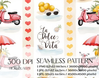 Modello estivo alla moda italiano senza cuciture, modello da spiaggia, modello ripetuto senza cuciture, modello rosa e blu, file digitale per uso commerciale