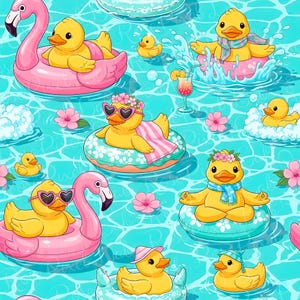 May include: A seamless pattern featuring cartoon ducks in a pool. The ducks are wearing sunglasses, hats, and scarves, and are floating on inflatable rings and flamingo floats. Pink flowers and a cocktail glass are also present.