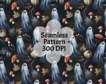 Cottagecore Ghosts Seamless Pattern, Autumn Halloween Digital Paper (JPG)