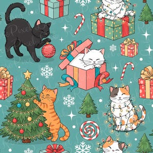 May include: A seamless pattern on a teal background featuring black, white, orange, and calico cats interacting with Christmas elements including decorated pine trees, gift boxes, candy canes, and glowing string lights amidst white snowflakes.