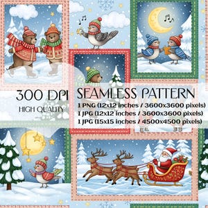 Op de afbeelding: Een naadloos winterpatroon met cartoonillustraties van schaatsende beren, zingende vogels en de kerstman in een slee. Het ontwerp bevat de tekst "300 DPI SEAMLESS PATTERN HIGH QUALITY". Beschikbaar in PNG- en JPG-formaten.