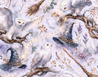 Snowy Owl Witchcore Seamless Pattern, Halloween Witch Forest Fabric Print, Winter Woodland Digital Paper, Folk Magic Repeat Design