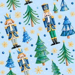 Könnte beinhalten: Ein sich wiederholendes Muster auf hellblauem Hintergrund mit Aquarellillustrationen von Nussknackern in blau-goldenen Uniformen, verschiedenen stilisierten grünen und blauen Weihnachtsbäumen sowie verstreuten goldenen Schneeflocken und dunkelblauen Punkten.