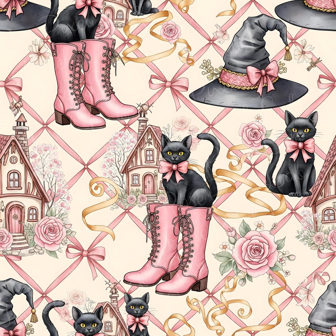 Pink Lace Black Cat Halloween Seamless Pattern (JPG File) - Etsy