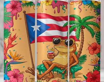 Puerto Rico Flag Tumbler Wrap, Boricua Frog Design (PNG Digital Download)