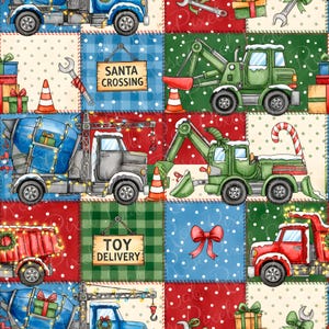 May include: A colourful patchwork design with Christmas-themed construction vehicles. The pattern includes trucks, diggers, and cement mixers, decorated with festive elements like candy canes, bows, and gift boxes. Signs read "Santa Crossing" and "Toy Delivery".