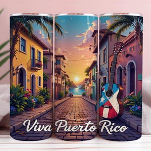 May include: A colorful illustration of a street scene in Puerto Rico with a sunset in the background. The street is lined with colorful buildings and palm trees. A guitar with the Puerto Rican flag is leaning against a building. The text "Viva Puerto Rico" is written on the cobblestone street.