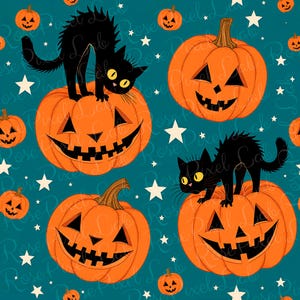 Pode incluir: Um padrão repetitivo com abóboras laranja esculpidas e gatos pretos com as costas arqueadas. Estrelas brancas e abóboras menores estão espalhadas sobre um fundo verde-azulado, criando um tema de Halloween.