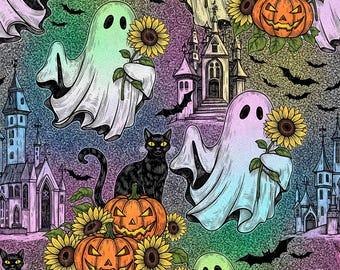 Halloween Seamless Pattern: Spooky Ghosts, Pumpkins, Black Cat (JPG Digital Download)