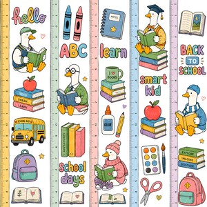 Könnte beinhalten: Eine farbenfrohe Illustration mit Elementen zum Thema Schule. Sie zeigt Zeichentrickenten, die Bücher lesen, Schulmaterialien und Texte wie "hello", "ABC", "learn", "smart kid" und "back to school". Das Design enthält Lineale und einen Schulbus.
