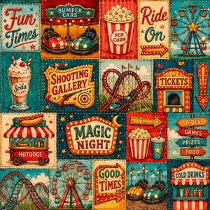 May include: A colorful patchwork design featuring carnival-themed illustrations. Includes images of bumper cars, popcorn, a Ferris wheel, roller coasters, and signs that read "Fun Times," "Shooting Gallery," and "Magic Night." The overall color scheme is red, blue, and yellow.