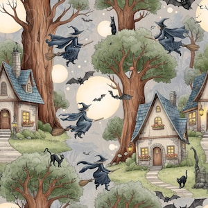 May include: A whimsical illustration depicts a repeating pattern of witches flying on brooms, black cats, bats, and quaint cottages. The witches wear black cloaks and hats. The background features a full moon and trees, creating a spooky, Halloween-themed design.