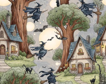 Seamless Halloween Haunted House Seamless Digital Paper Magic Forest Black Halloween Seamless Pattern File for Commercial Use Witch Moon