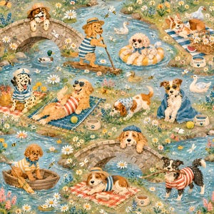 May include: A vibrant illustration featuring multiple dogs in a summer river scene. Various breeds are depicted wearing hats and striped clothing, swimming, lounging on towels, and paddling in a small wooden boat near stone bridges.