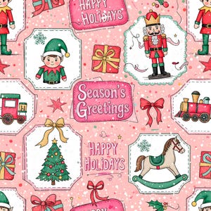 May include: A festive Christmas-themed pattern on a pink background. The design features elves, nutcrackers, toy trains, rocking horses, Christmas trees, gift boxes, and bows. The words "Happy Holidays" and "Season's Greetings" are also included.