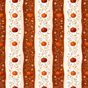 May include: A seamless pattern featuring vertical stripes of alternating cream and dark brown. The cream stripes are decorated with delicate, climbing floral vines and small orange pumpkins, while the brown stripes are solid.