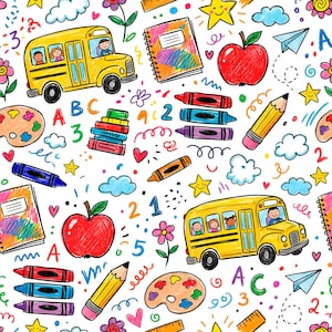 May include: A colorful, hand-drawn pattern featuring school buses, apples, pencils, crayons, notebooks, and numbers. The design includes hearts, stars, flowers, and a paper airplane on a white background, creating a playful, educational theme.