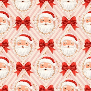 Könnte beinhalten: Ein sich wiederholendes Muster mit Weihnachtsmann-Gesichtern in ovalen Perlenrahmen und leuchtend roten Schleifen auf einem rosa-weiß gestreiften Hintergrund. Goldene Sterne sind über das Design verstreut und schaffen ein festliches Urlaubsthema.