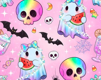Pink Spooky Watermelon Ghost Fabric, Seamless Halloween Pattern (PNG, JPG)