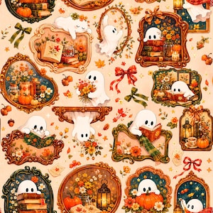 May include: A repeating pattern featuring white ghosts in ornate gold frames, surrounded by autumn elements like orange pumpkins, colorful fall flowers, books, lanterns, and red or green ribbons on a light cream background.