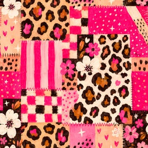 May include: A digital patchwork pattern featuring a mix of hot pink, black, and tan sections. The design includes leopard print, checkered squares, vertical stripes, and white floral motifs, accented with small pink hearts and four-pointed stars.