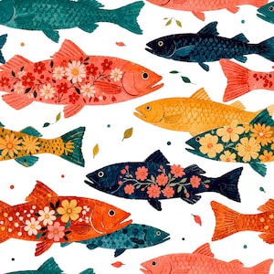 May include: A repeating pattern of colorful fish illustrations. The fish are in shades of teal, coral, navy, and gold, with floral and leaf accents. The design is set against a white background.