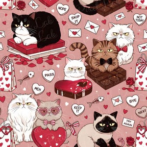 May include: A seamless pattern on a dusty pink background featuring various cats with grumpy expressions, red roses, chocolate bars, heart-shaped boxes, gift bags, and conversation hearts with text including NOPE, SKIP IT, NOT TODAY, PASS, MEH, KEEP IT, BYE, NEXT, and TRY AGAIN.