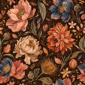 May include: A seamless pattern featuring a dark brown background with large, detailed floral illustrations in shades of dusty pink, burnt orange, and muted blue. The design includes blooming peonies, dahlias, and seed pods with green foliage.