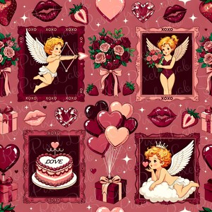 Puede incluir: Un patrón sin costuras con elementos del Día de San Valentín. El diseño incluye querubines, corazones, fresas, ramos de rosas, cajas de regalo y un pastel con la palabra "LOVE", todo en tonos rojos y rosas.