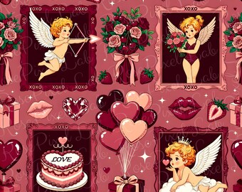 Valentines Cupid Love Frames Red Cherub XOXO Ballons Heart Day Party seamless surface pattern Bows Digital design