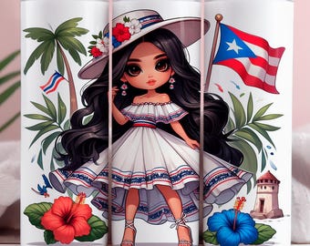 Tumbler wrap con ragazza chibi portoricana, PNG tropicale (digitale)