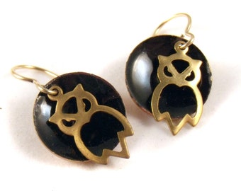 brass owl and black enamel earrings