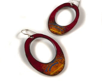 burgundy horizon oval loop enamel earrings