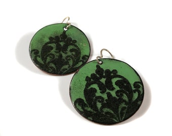 SALE green chandelier / enamel earrings, spring green