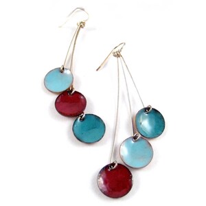 teaberry pendula enamel earrings / aquamarine blue, teal spruce green, burgundy red