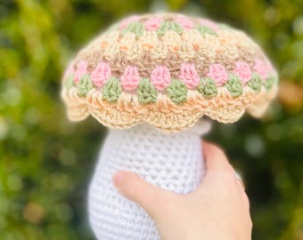 handmade cottage core crochet mushroom coquette pillow