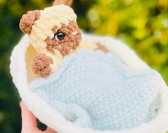 Crochet Kitten in Bassinet with Blanket, Handmade Plush Toy