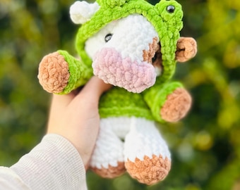 Crochet Cow in a Froggie Hoodie, Handmade Amigurumi