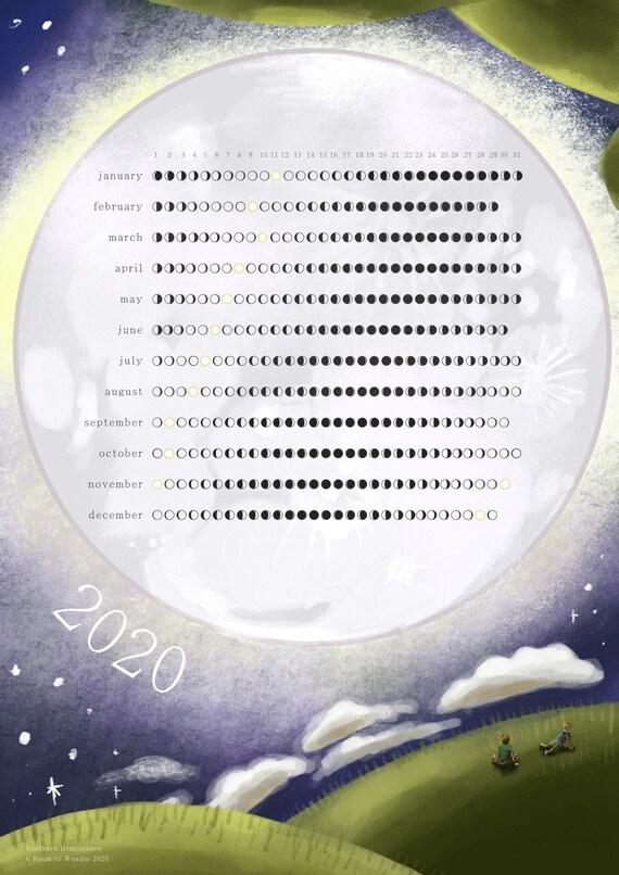 2020 Lunar Calendar Poster Printable Mmoon Phase Calendar Etsy