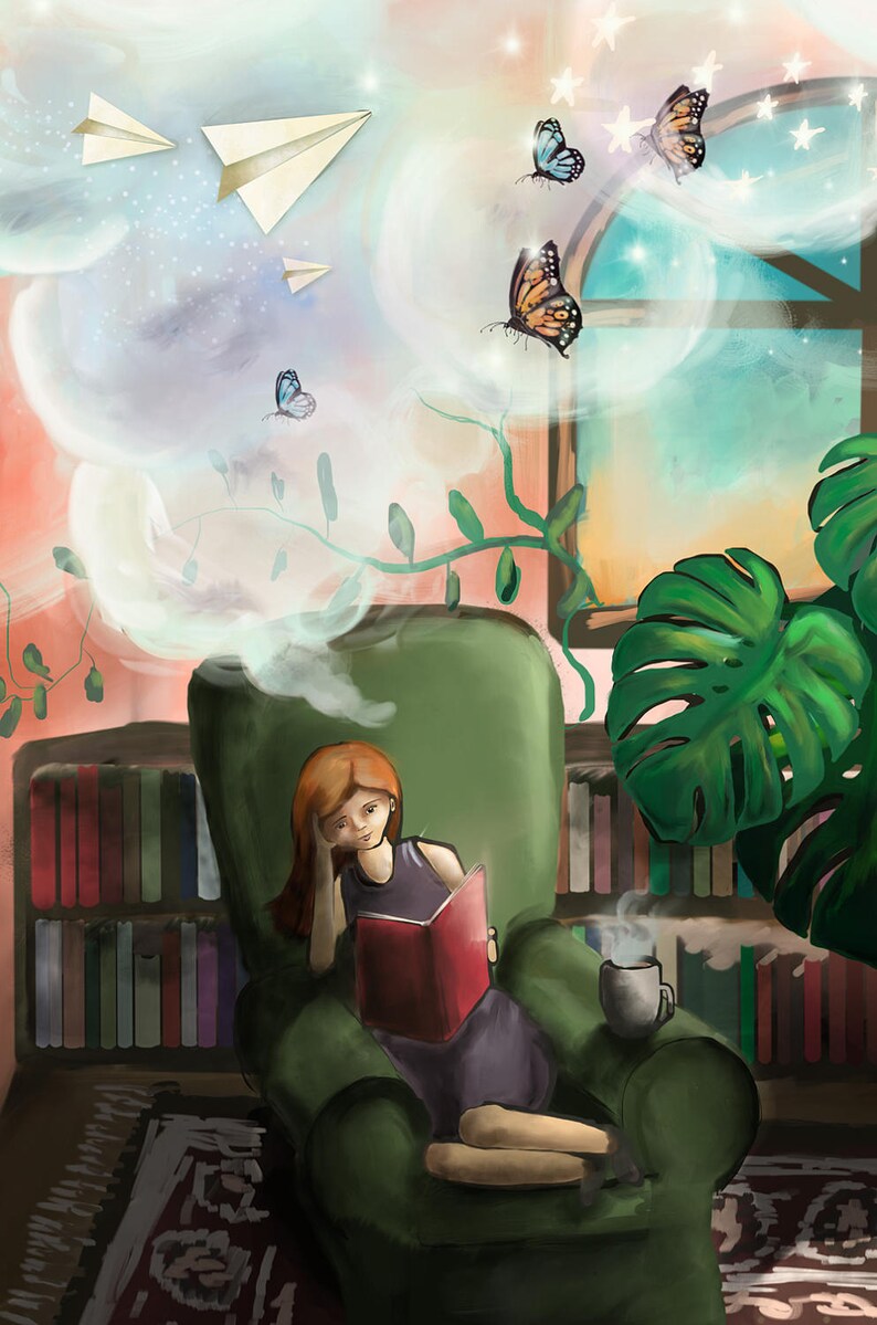 Reading illustration library wall art imagination through | Etsy