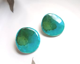 Hand-painted artistic earrings, blue, green and turquoise. Real handmade jewelry