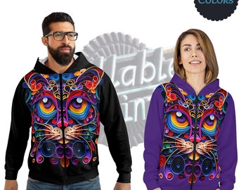 Unique Quilled Cat Design Unisex Zip Hoodie: Eye-Catching Colors & Intricate Patterns! Elevate Your Style with Mesmerizing Artwork!