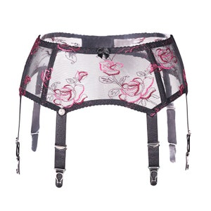 黒のレースのガーターベルト、ストッキング用ベルト、彼女へのプレゼント、レースのランジェリー、バラ柄、Juzad Lingerie 製